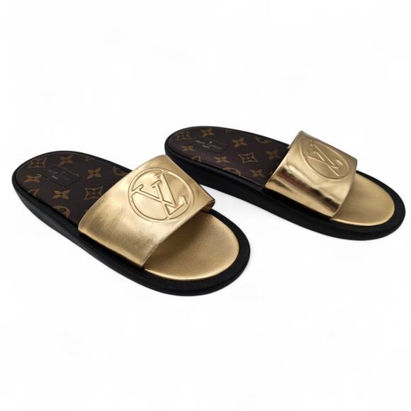 Louis Vuitton Sunbath Slide Sandal Flat Gold Brown Monogram Canvas Size 38 US 8 - Picture 3 of 12